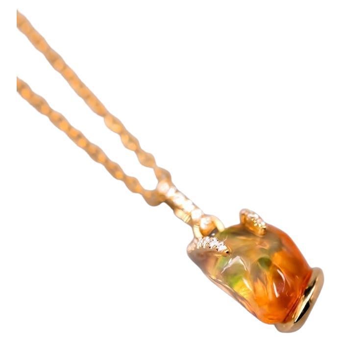 Unique Two-Tone Mexican Fire Opal Diamond Pendant Necklace in 18K Yellow Gold For Sale