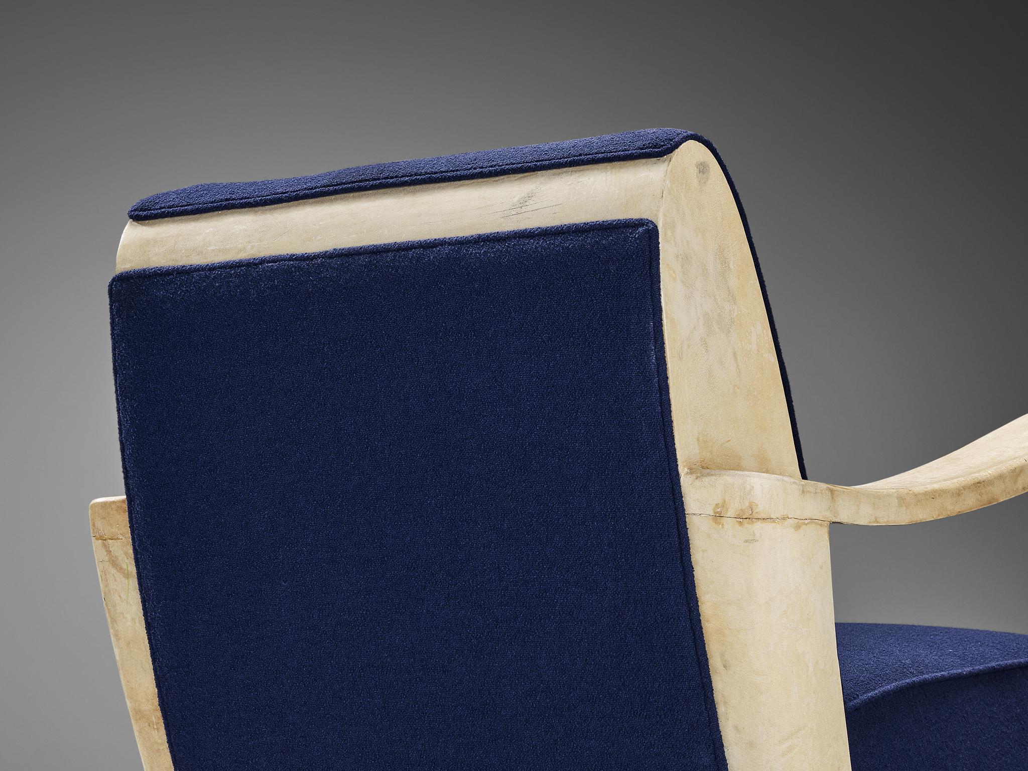 Italian Unique Valzania Lounge Chair in Parchment and Blue Upholstery  For Sale
