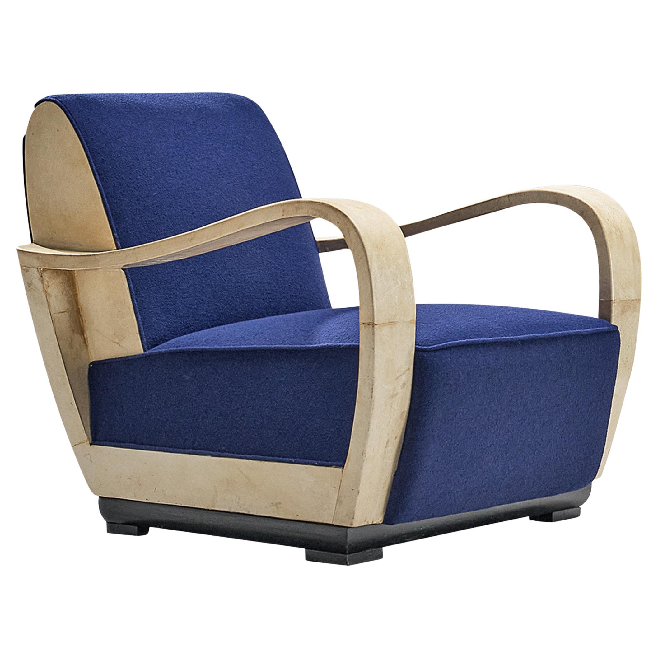 Unique Valzania Lounge Chair in Parchment and Blue Upholstery  For Sale