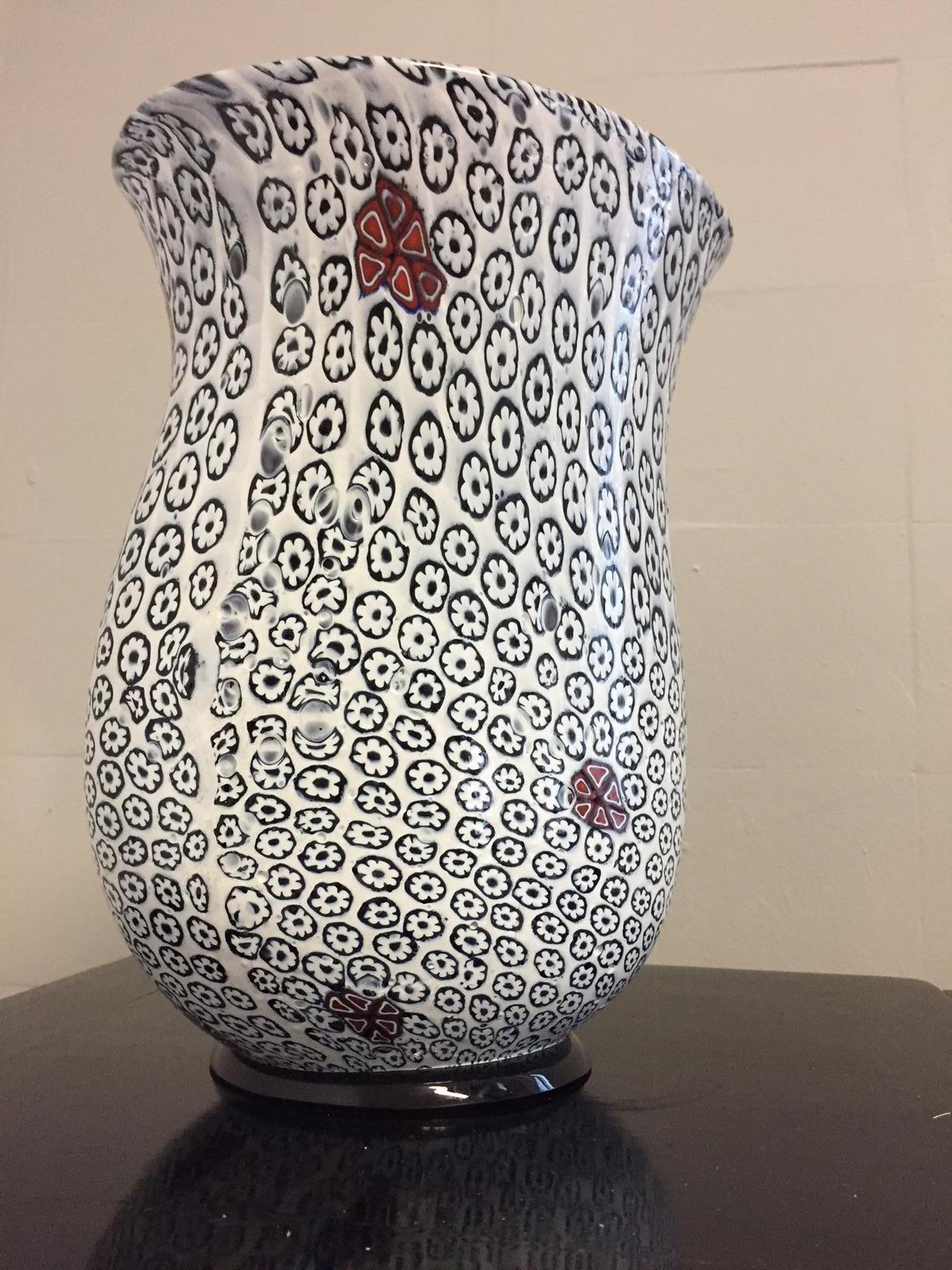 Italian Unique Vase in Floral Pattern White and Black by Tino Rossi Murano For Sale