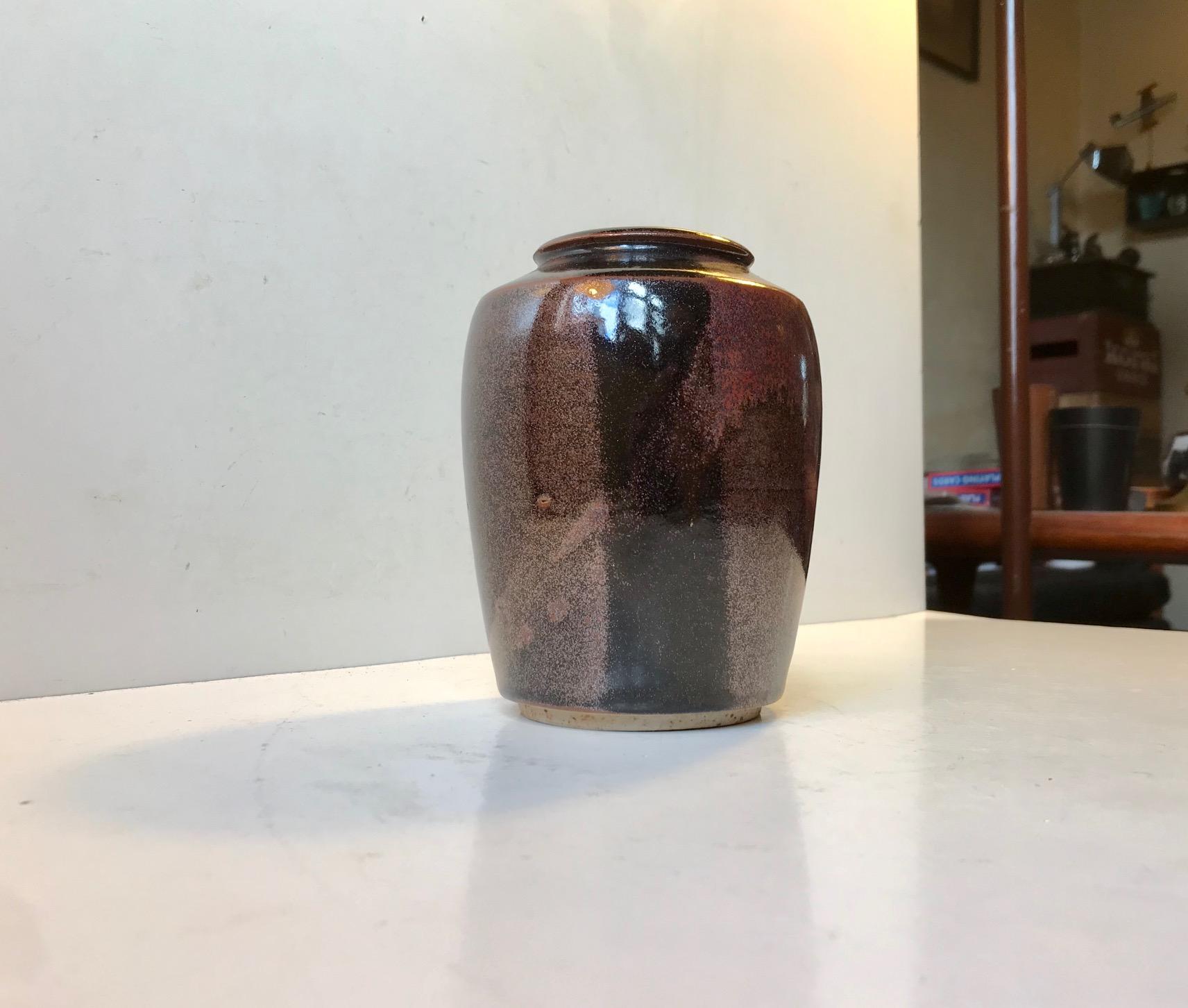 Scandinavian Modern Unique Vase in Tenmoku Glaze by Merethe Bloch, 1970s For Sale