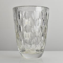 Unique Vicke Lindstrand Orrefors Crystal Vase with Cut Leaf Pattern, Signed LU 1