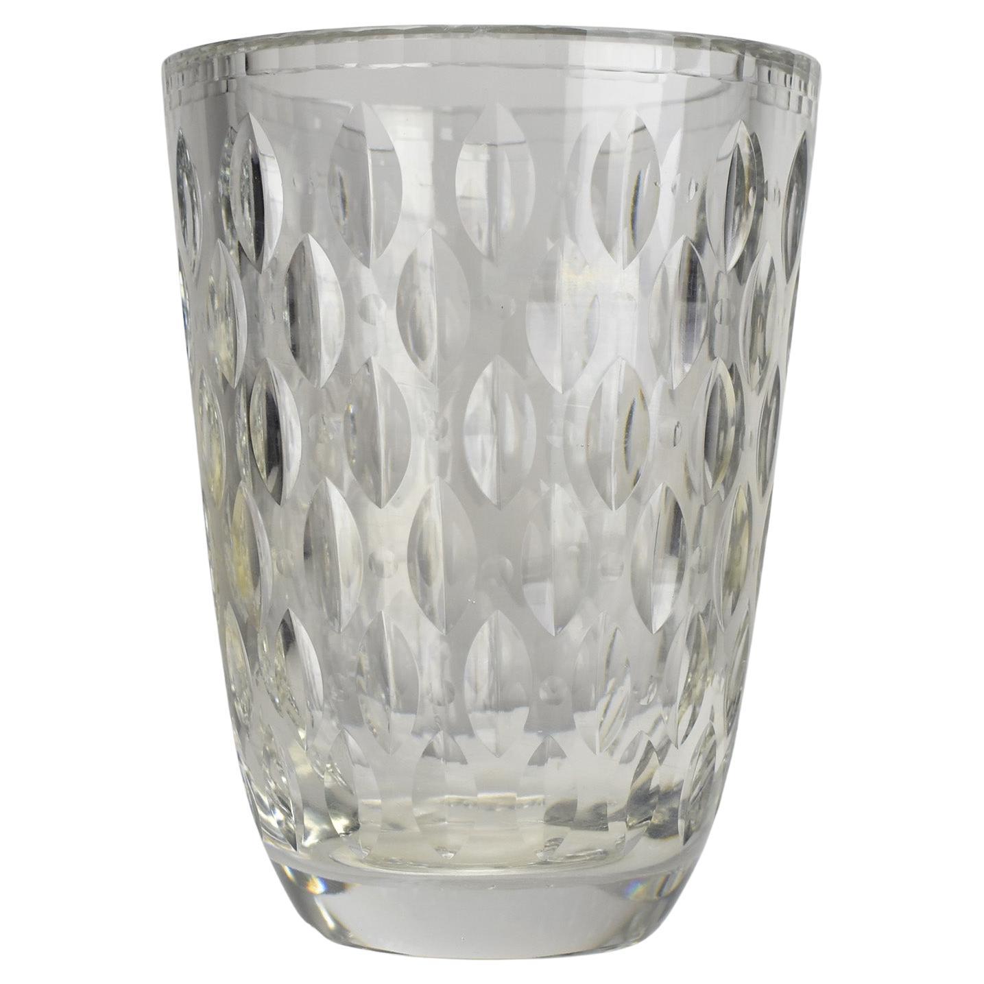 Unique Vicke Lindstrand Orrefors Crystal Vase with Cut Leaf Pattern, Signed LU 1