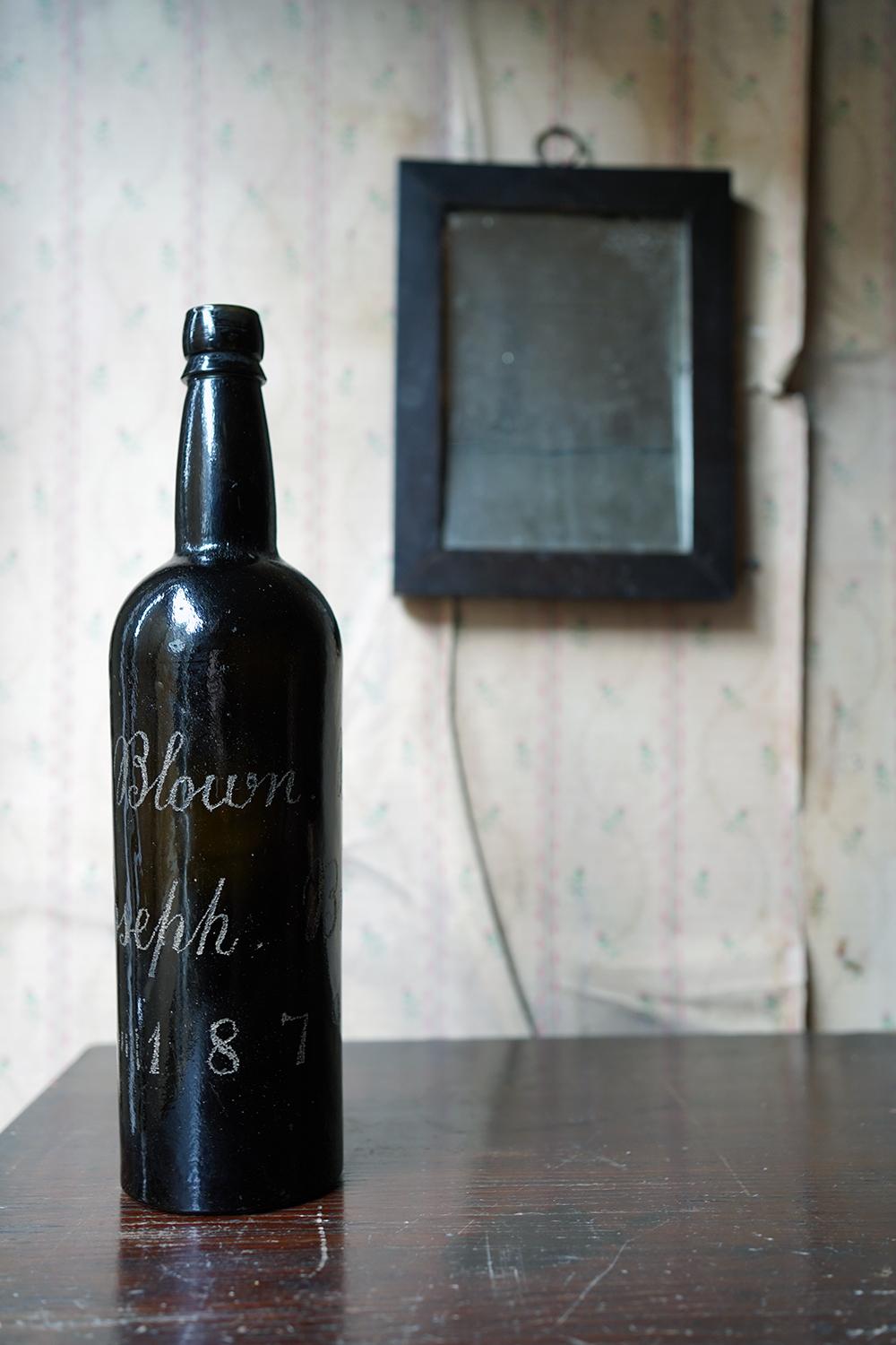 Unique Victorian Engraved Blue Glass Wine Bottle; ‘Blown by Jospeh Brown 1879’ For Sale 3