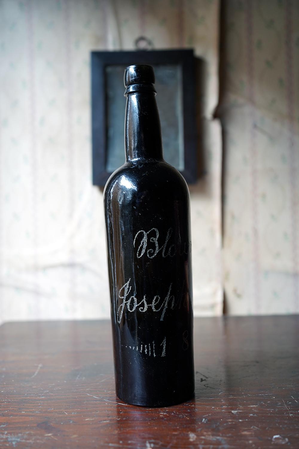 Unique Victorian Engraved Blue Glass Wine Bottle; ‘Blown by Jospeh Brown 1879’ For Sale 6