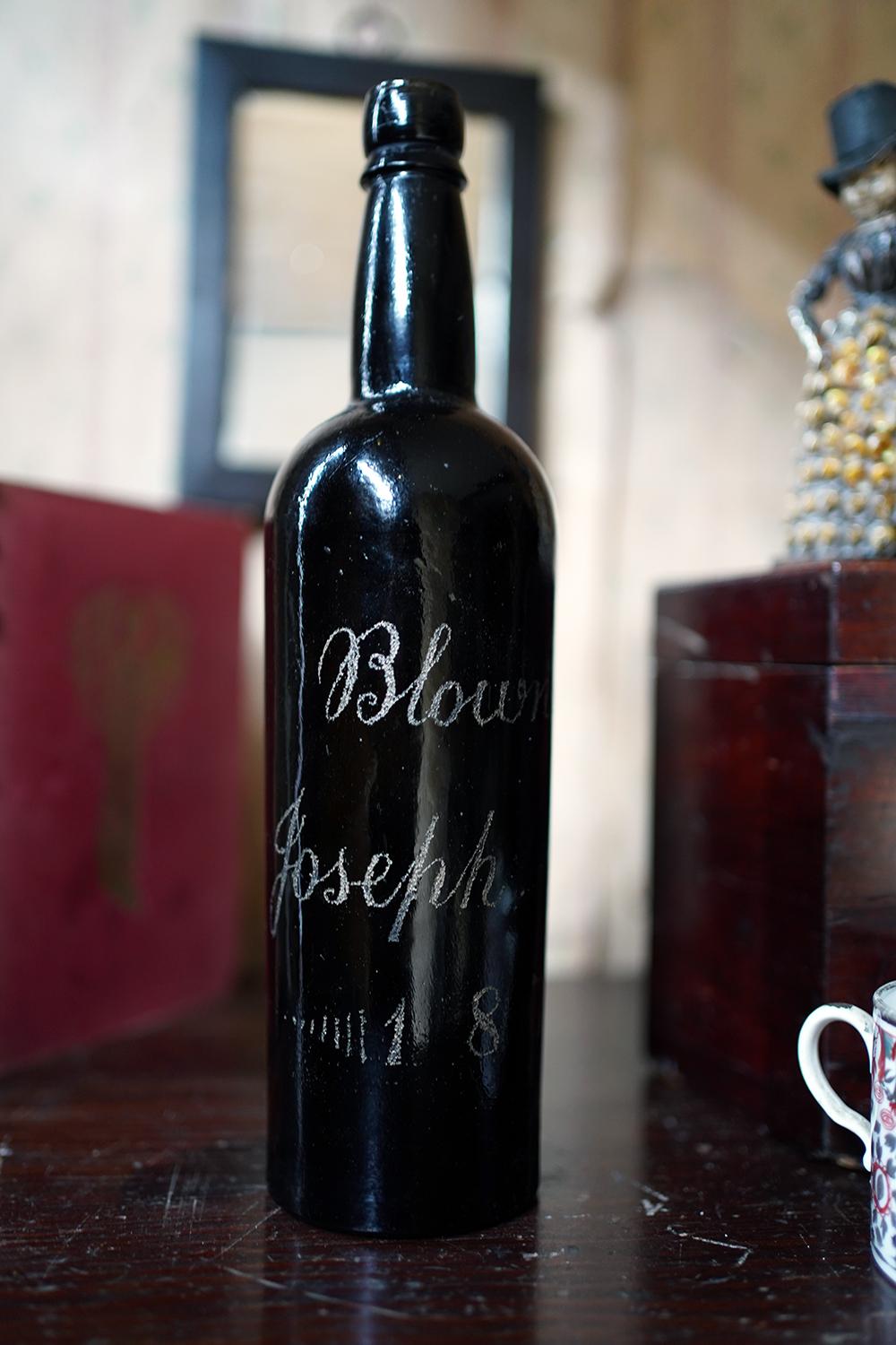 Unique Victorian Engraved Blue Glass Wine Bottle; ‘Blown by Jospeh Brown 1879’ For Sale 7
