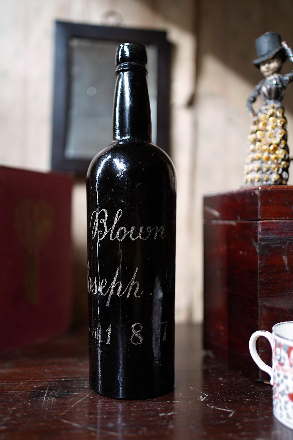 Unique Victorian Engraved Blue Glass Wine Bottle; ‘Blown by Jospeh Brown 1879’ For Sale 8
