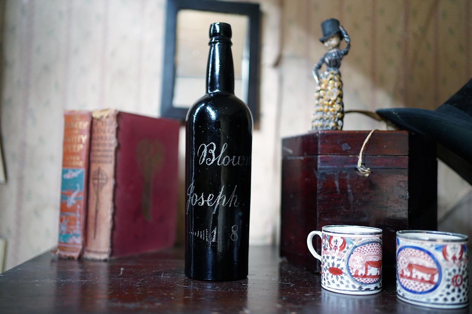 Unique Victorian Engraved Blue Glass Wine Bottle; ‘Blown by Jospeh Brown 1879’ For Sale 9