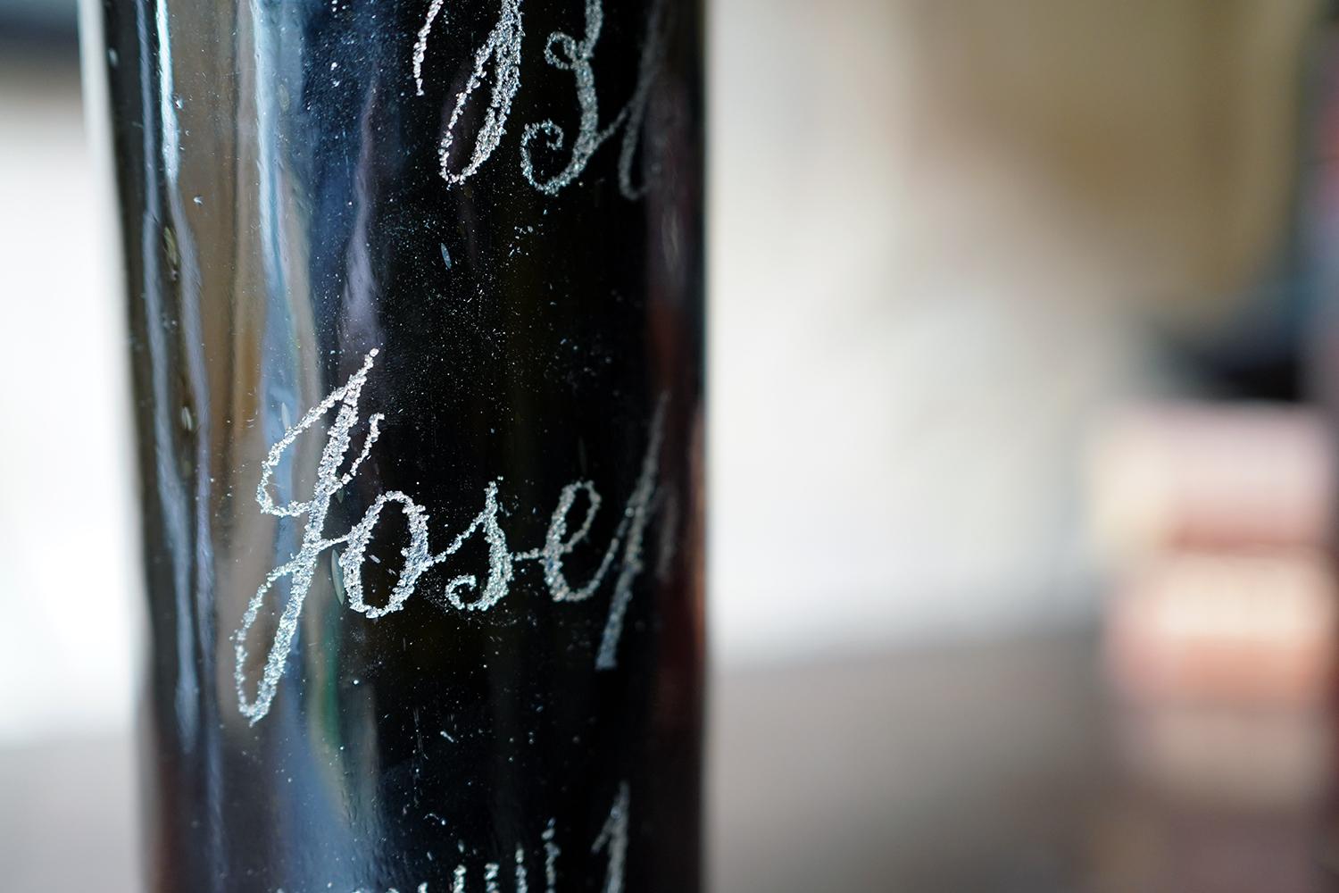 High Victorian Unique Victorian Engraved Blue Glass Wine Bottle; ‘Blown by Jospeh Brown 1879’ For Sale