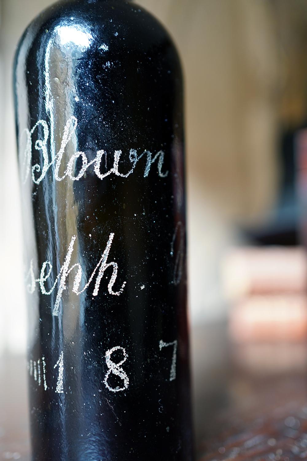 English Unique Victorian Engraved Blue Glass Wine Bottle; ‘Blown by Jospeh Brown 1879’ For Sale