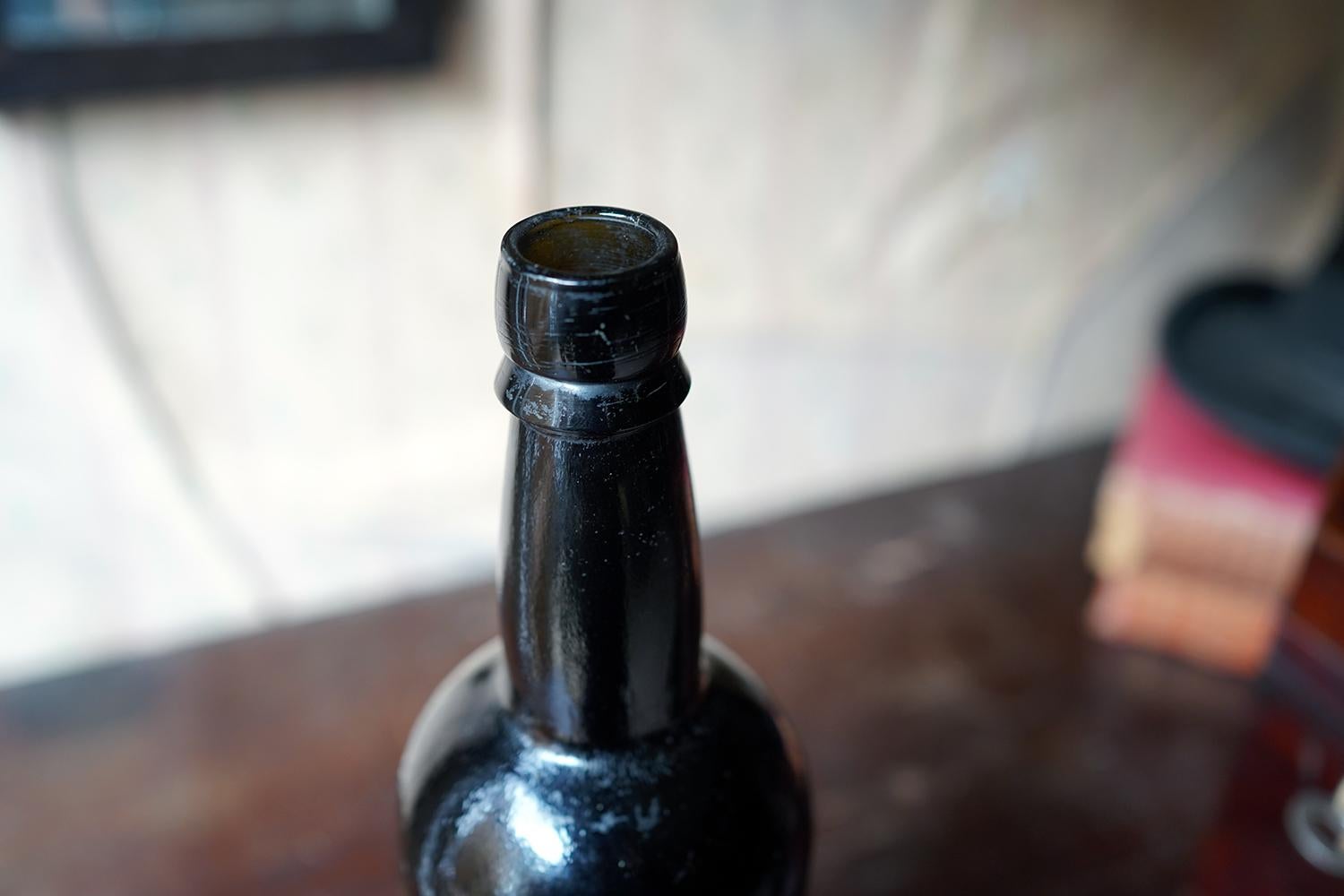 Unique Victorian Engraved Blue Glass Wine Bottle; ‘Blown by Jospeh Brown 1879’ In Good Condition For Sale In Bedford, Bedfordshire