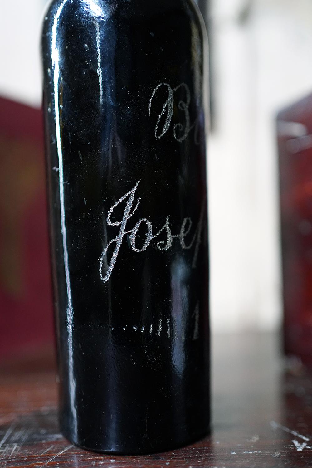 Blown Glass Unique Victorian Engraved Blue Glass Wine Bottle; ‘Blown by Jospeh Brown 1879’ For Sale