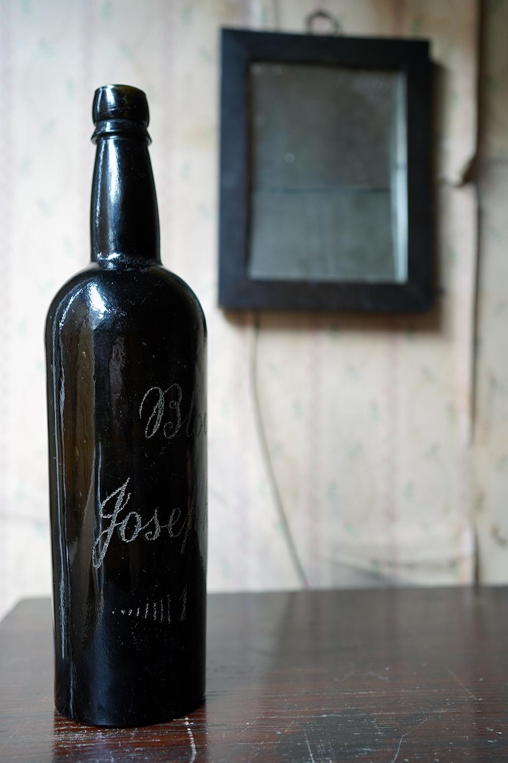 Unique Victorian Engraved Blue Glass Wine Bottle; ‘Blown by Jospeh Brown 1879’ For Sale 1