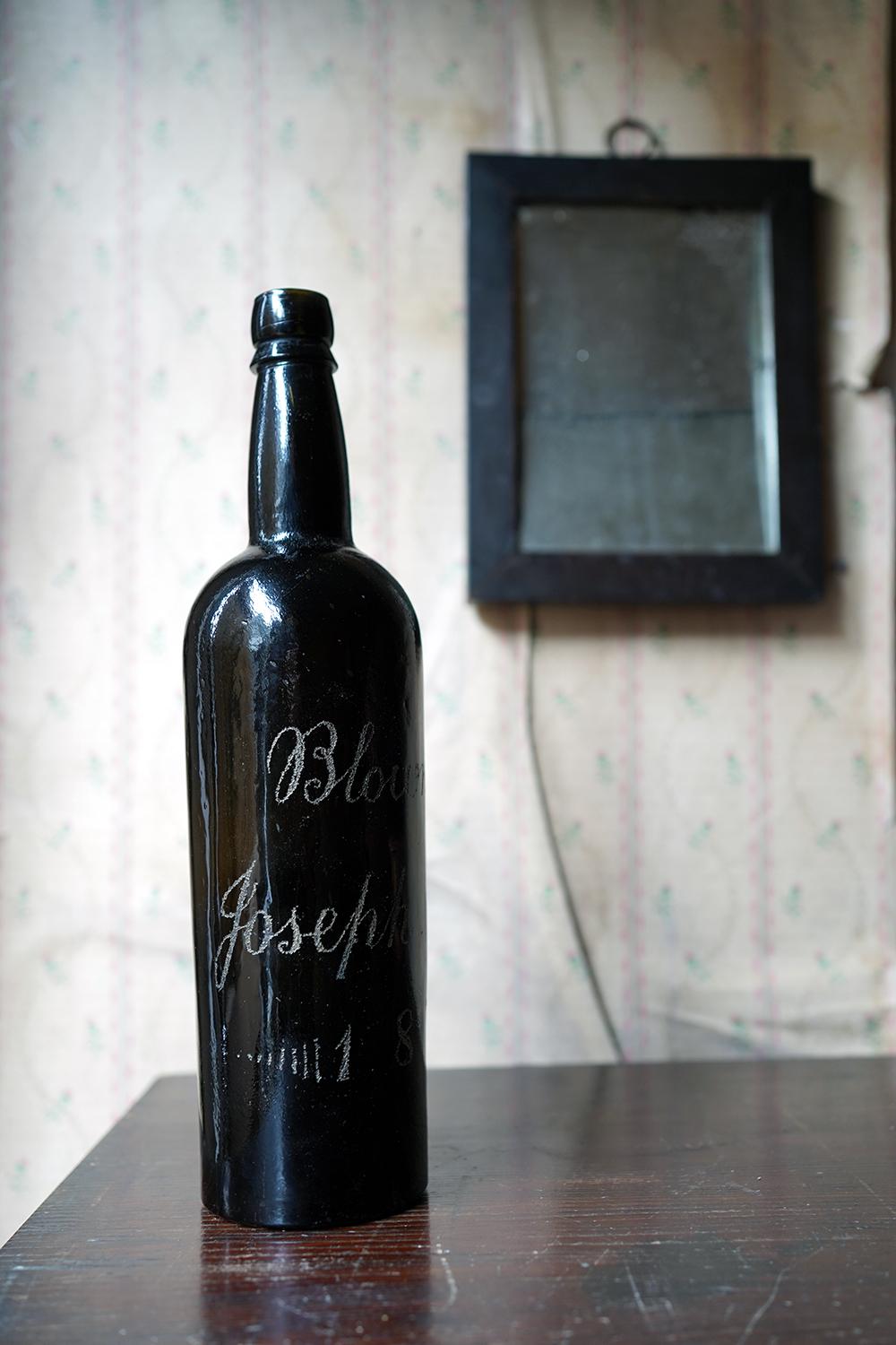 Unique Victorian Engraved Blue Glass Wine Bottle; ‘Blown by Jospeh Brown 1879’ For Sale 2