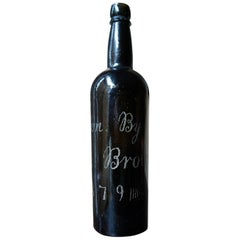 Unique Victorian Engraved Blue Glass Wine Bottle; ‘Blown by Jospeh Brown 1879’