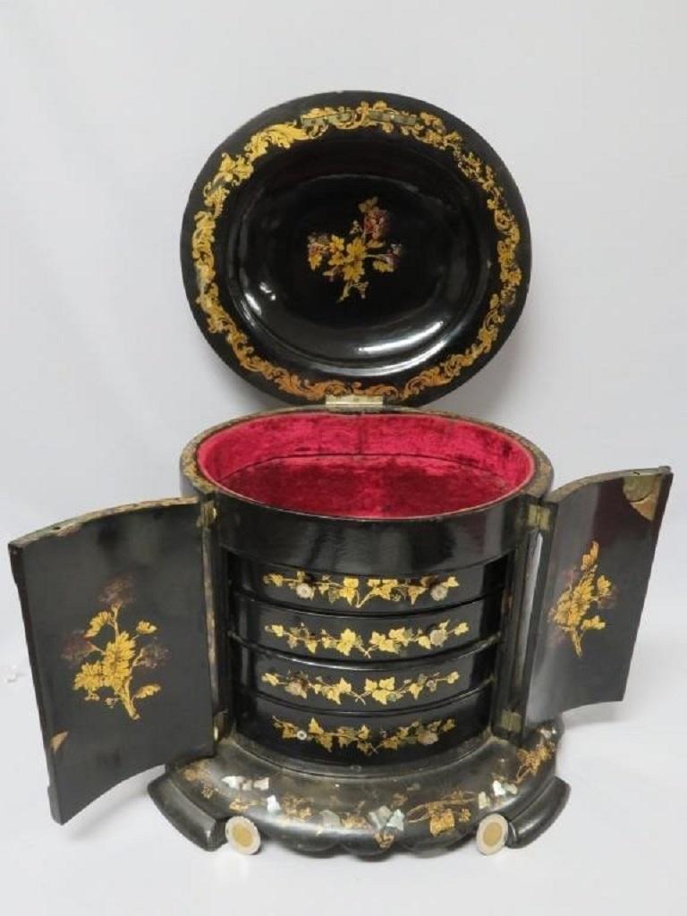 Victorian Large 19th Century Lacquered and Gilded Jewelry Box with Inlaid Mother of Pearl  For Sale
