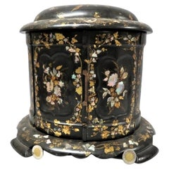 Antique Large 19th Century Lacquered and Gilded Jewelry Box with Inlaid Mother of Pearl 