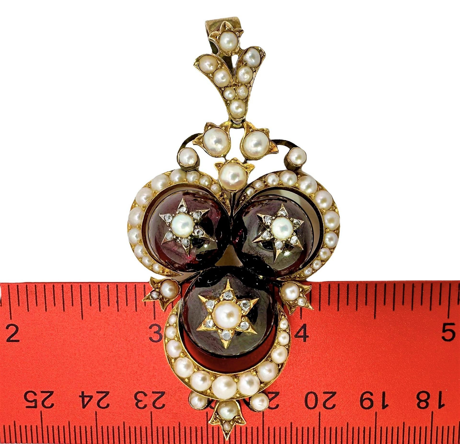 Women's or Men's Unique Victorian Period 18k Gold, Half Pearl and Garnet Carbuncle Pendant  For Sale