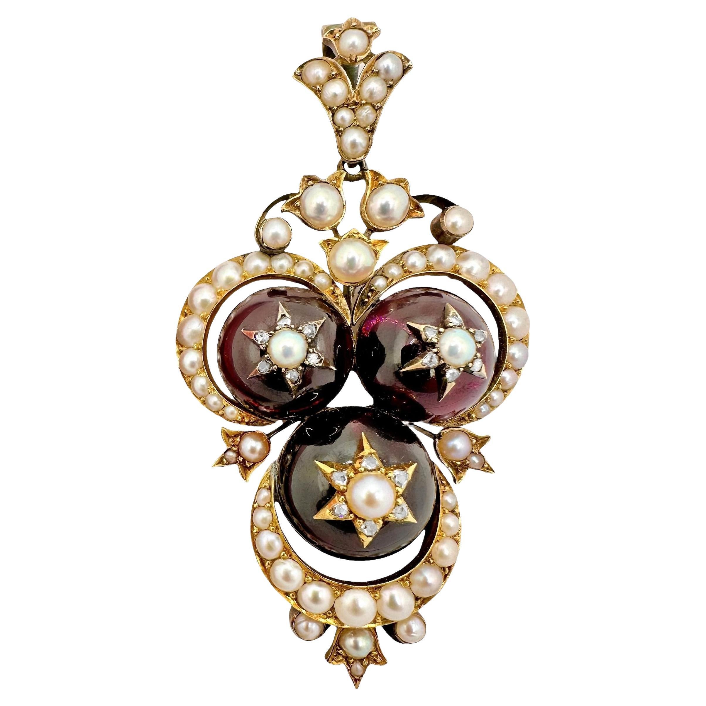 Unique Victorian Period 18k Gold, Half Pearl and Garnet Carbuncle Pendant  For Sale