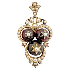 Antique Unique Victorian Period 18k Gold, Half Pearl and Garnet Carbuncle Pendant 