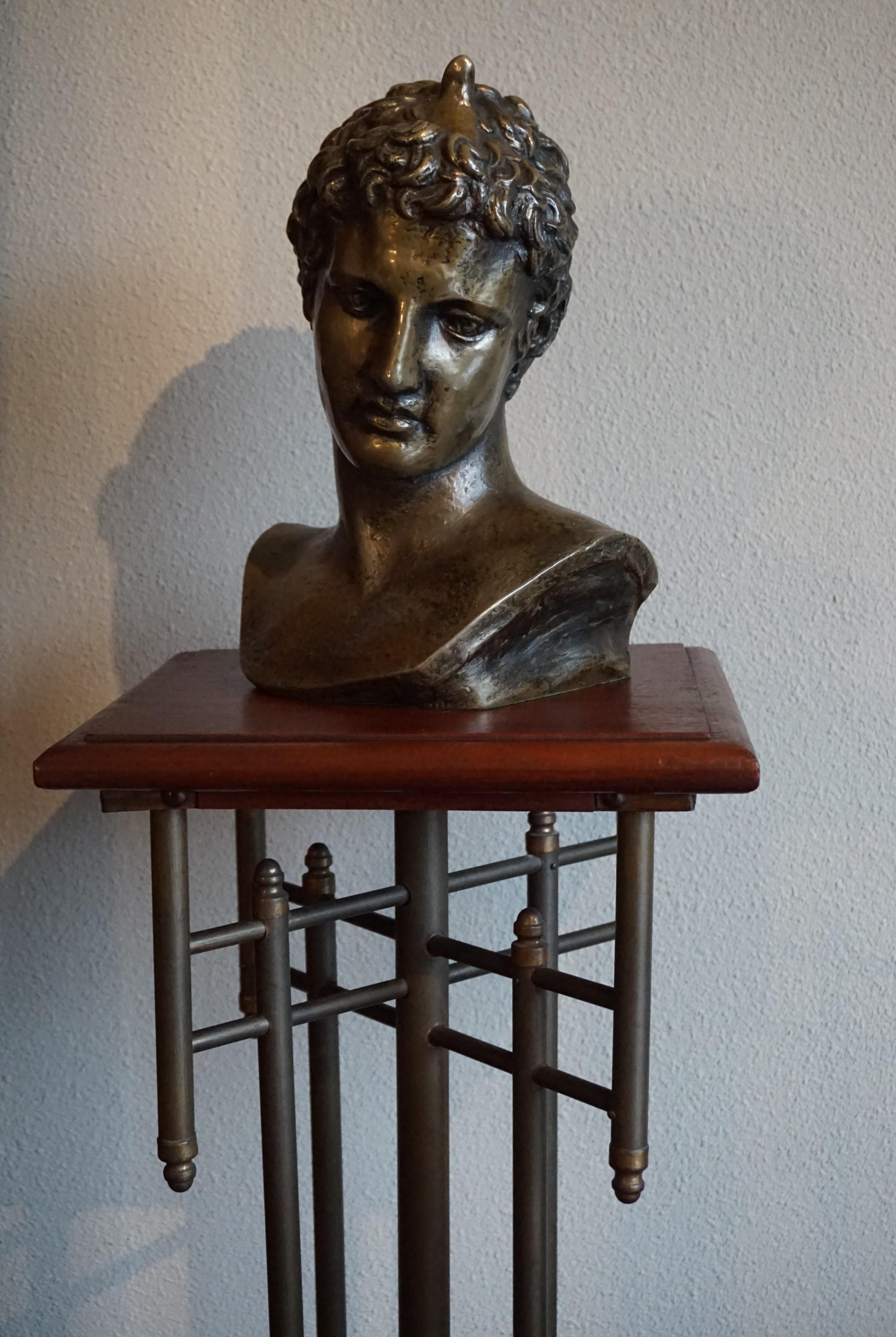 Unique Viennese Style Arts and Crafts Brass & Nutwood Sculpture Pedestal Stand For Sale 9