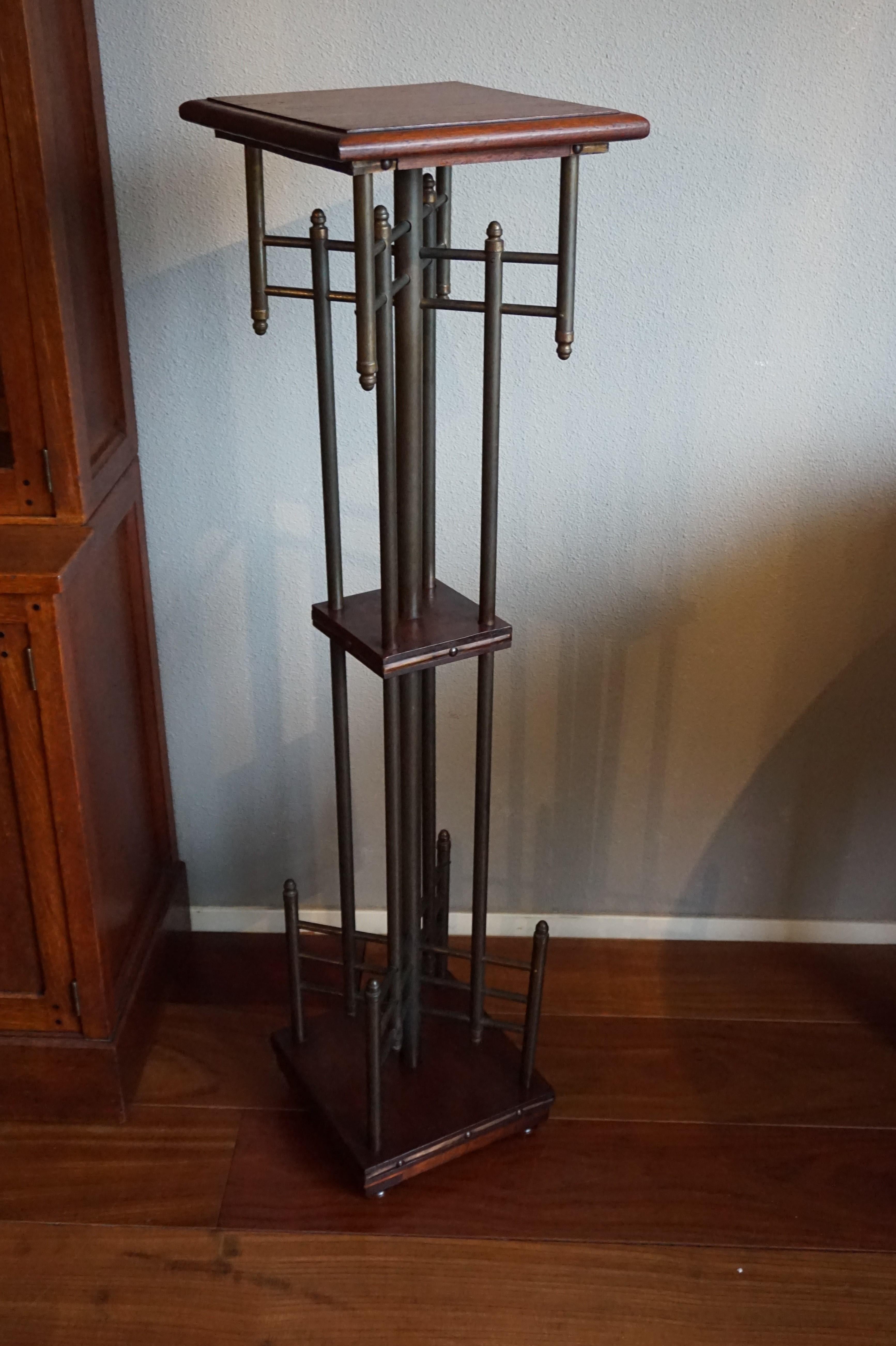 Unique Viennese Style Arts and Crafts Brass & Nutwood Sculpture Pedestal Stand For Sale 12