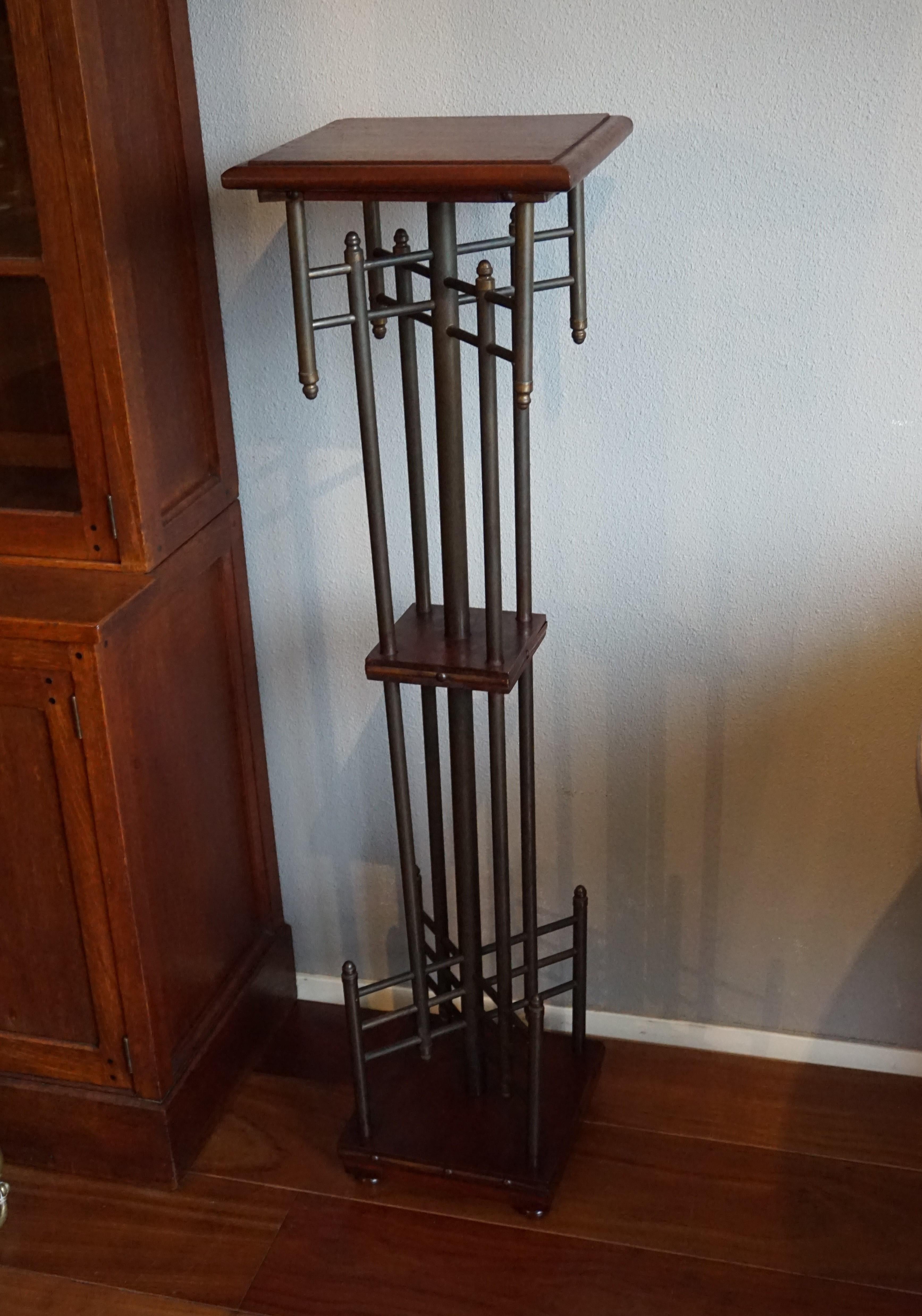 20th Century Unique Viennese Style Arts and Crafts Brass & Nutwood Sculpture Pedestal Stand For Sale