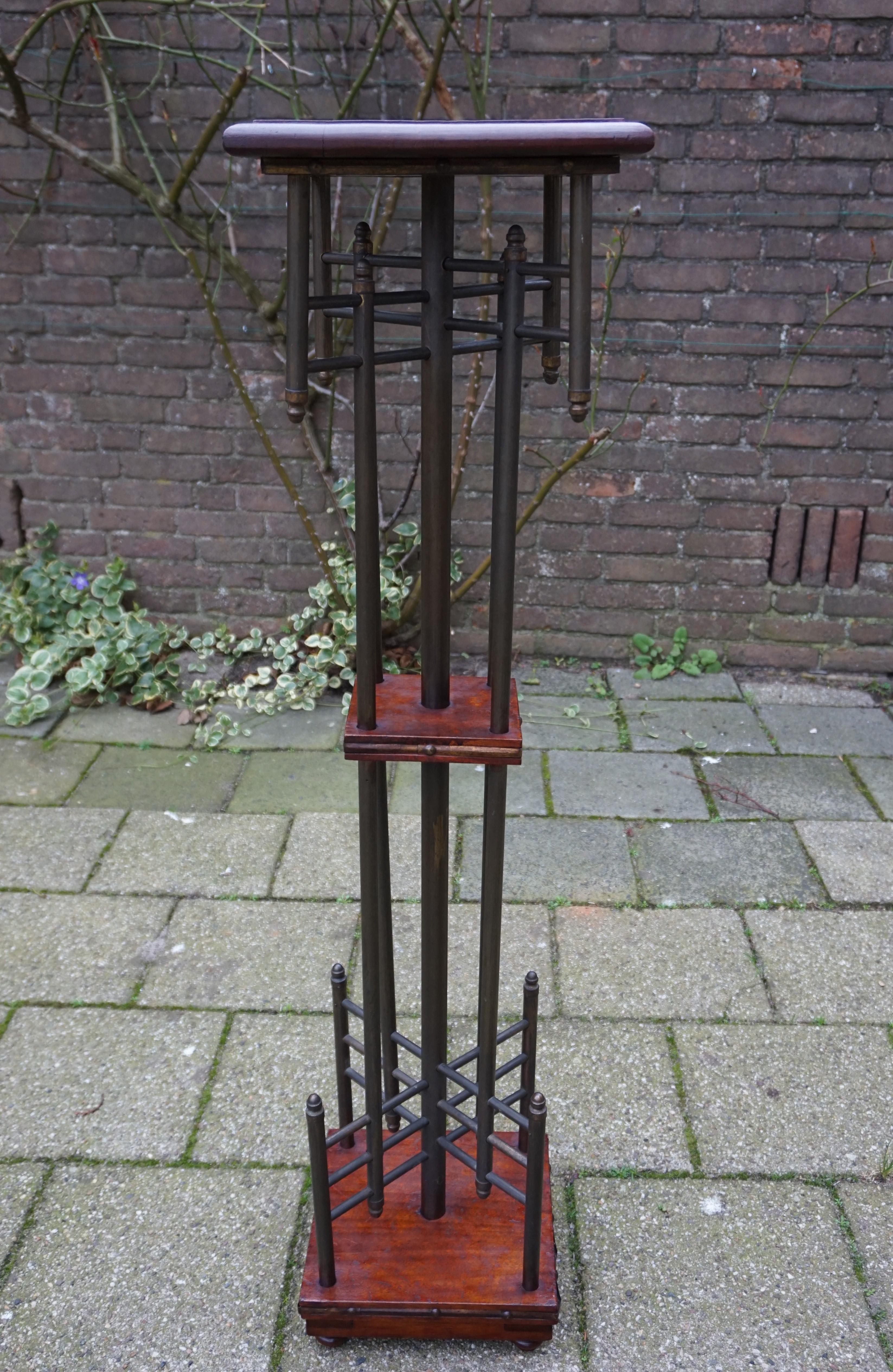 Unique Viennese Style Arts and Crafts Brass & Nutwood Sculpture Pedestal Stand For Sale 1