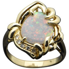 Unique Vintage 14 Karat Yelow Gold Australian Opal and Diamonds Ring