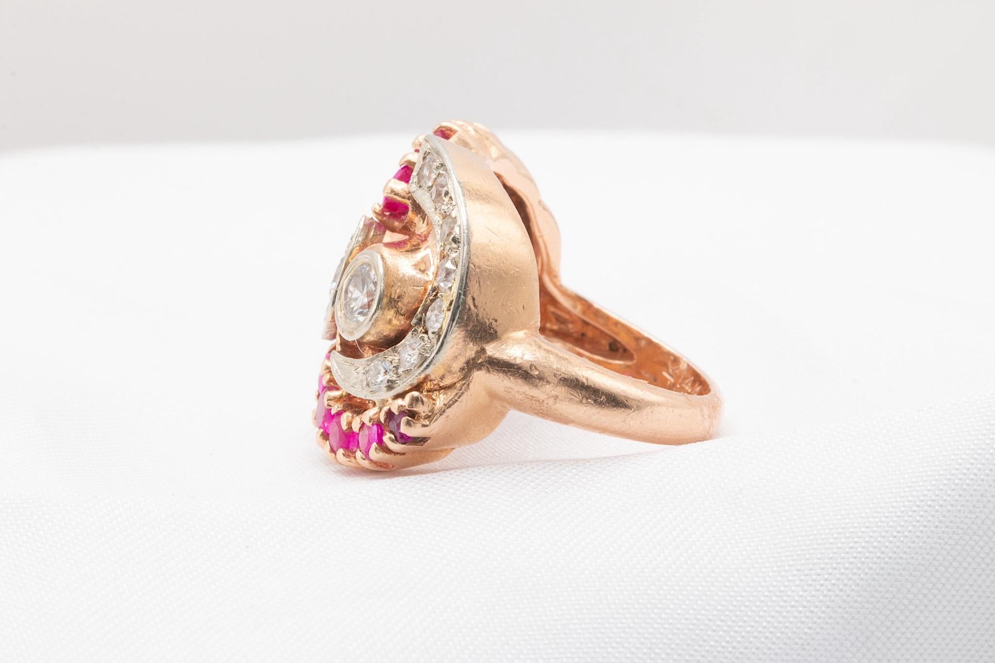 Round Cut Unique Vintage 14k Rose Gold Diamond and Ruby Owl Ring For Sale