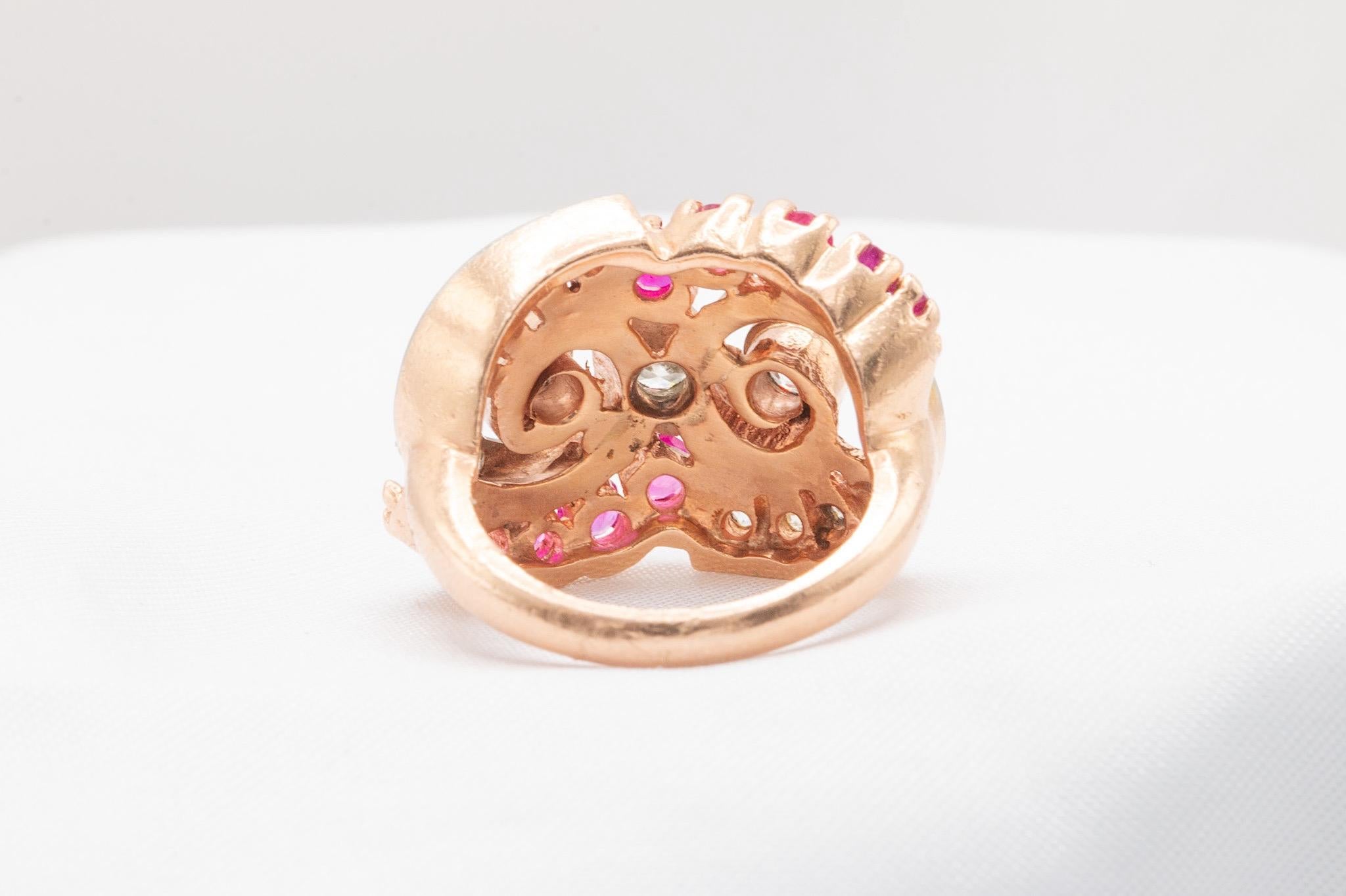 Unique Vintage 14k Rose Gold Diamond and Ruby Owl Ring In Good Condition For Sale In Houston, TX