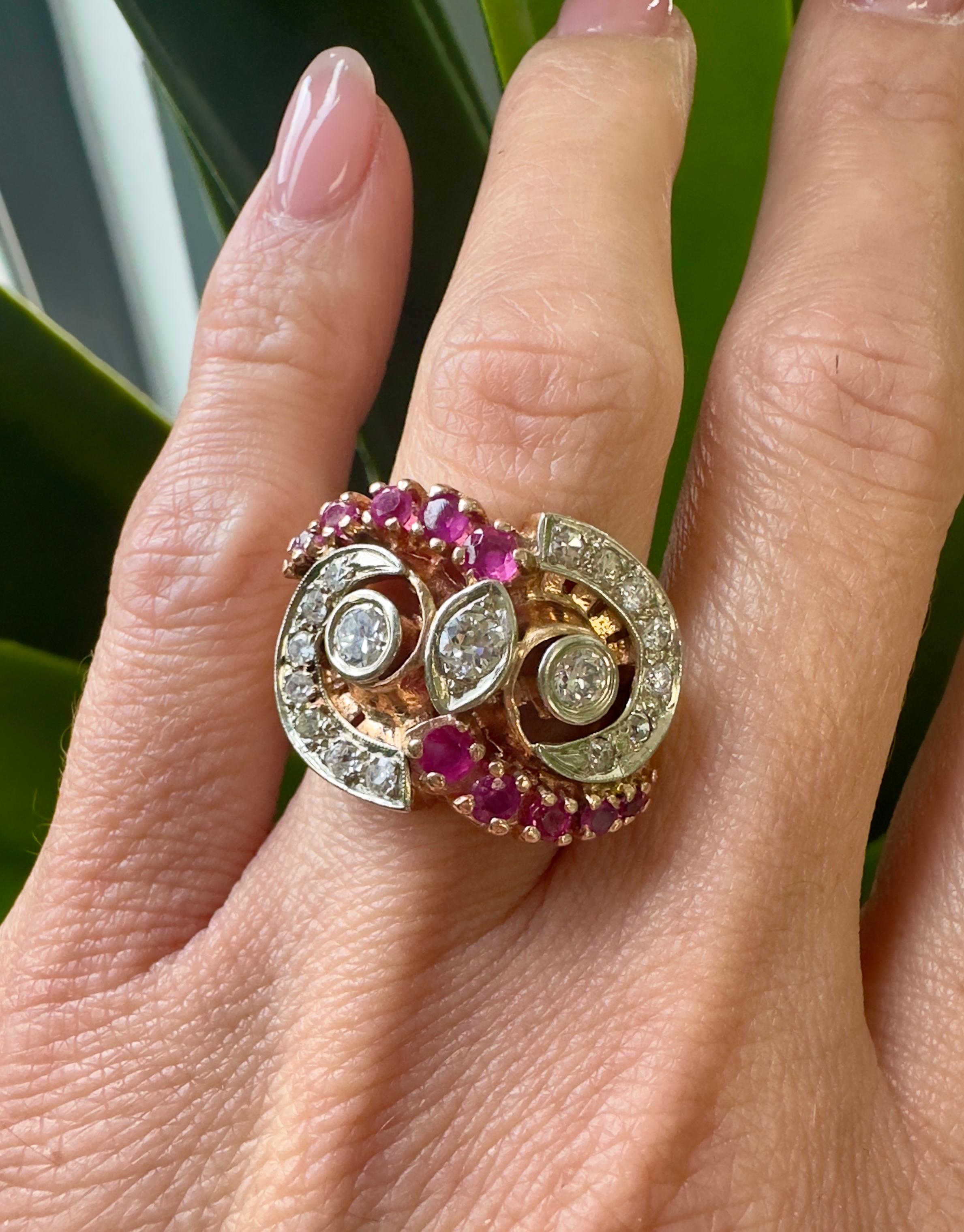 Women's Unique Vintage 14k Rose Gold Diamond and Ruby Owl Ring For Sale