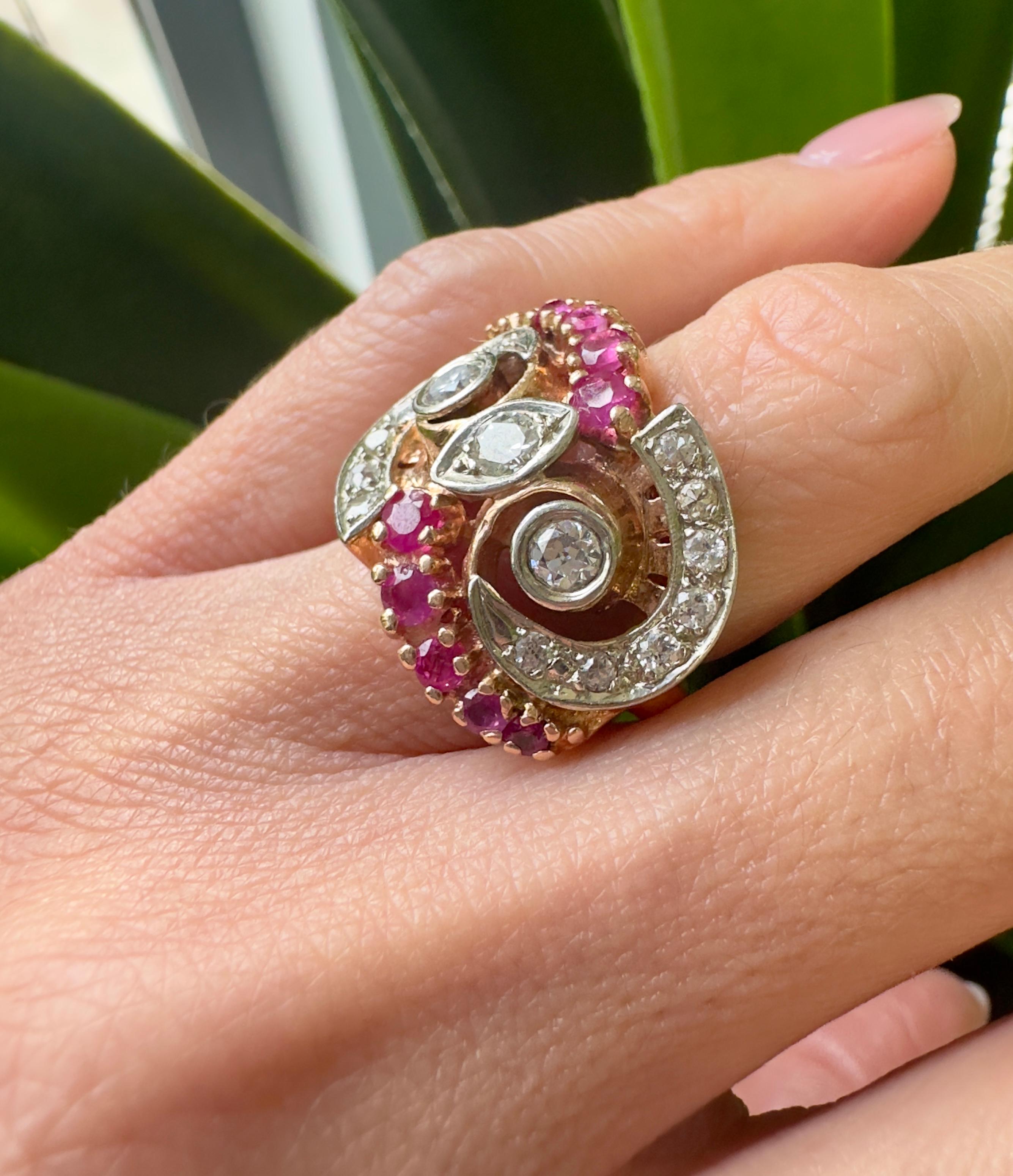 Unique Vintage 14k Rose Gold Diamond and Ruby Owl Ring For Sale 1