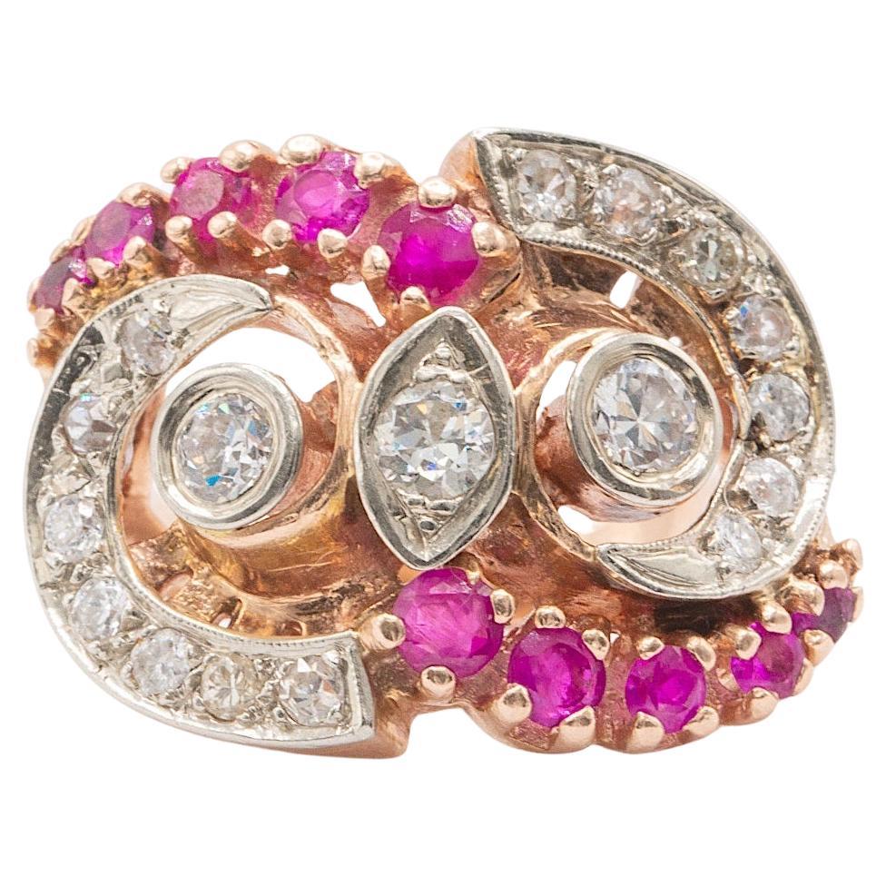 Unique Vintage 14k Rose Gold Diamond and Ruby Owl Ring