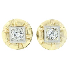 Unique Vintage 14k TT Gold 0.94ctw Diamond Domed Grooved Button Stud Earrings