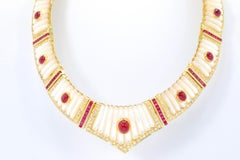 Unique Vintage 14k Yellow Gold Mother Of Pearl Diamond and Ruby Chocker Necklace