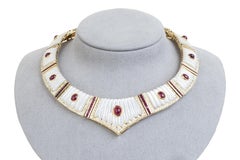 Unique Vintage 14k Yellow Gold Mother Of Pearl Diamond and Ruby Chocker Necklace