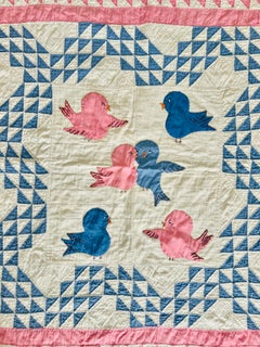 Unique Vintage 1930s Bluebirds & Pink Doves Elaborate Patchwork Crib Quilt