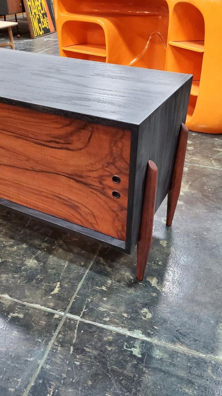 Unique Vintage 1960s Rosewood And Black Credenza / Cabinet With Slide Doors For Sale 5