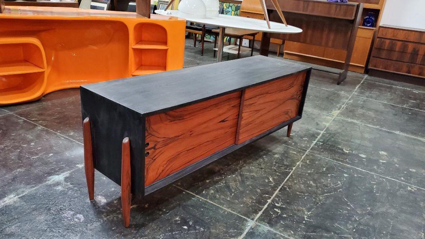 Unique Vintage 1960s Rosewood And Black Credenza / Cabinet With Slide Doors For Sale 7