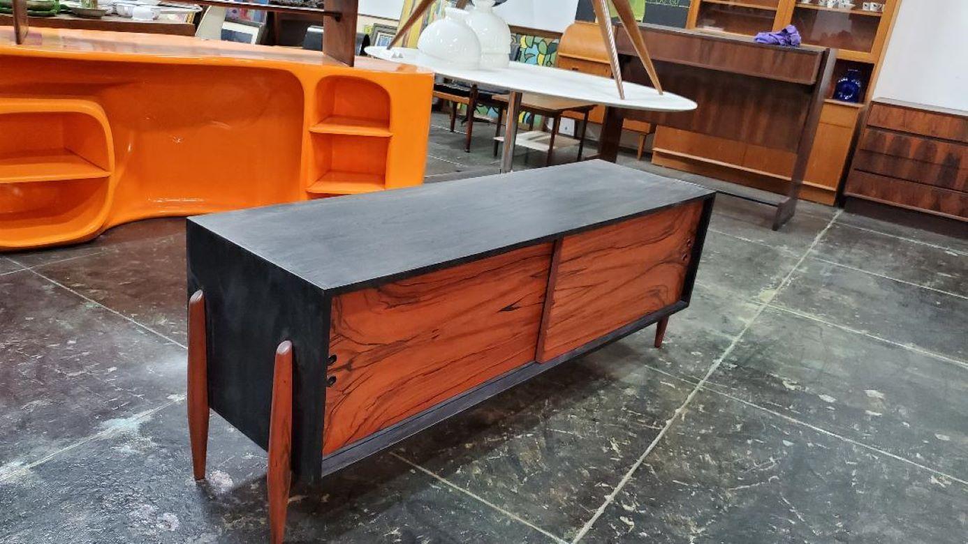 Unique Vintage 1960s Rosewood And Black Credenza / Cabinet With Slide Doors For Sale 11
