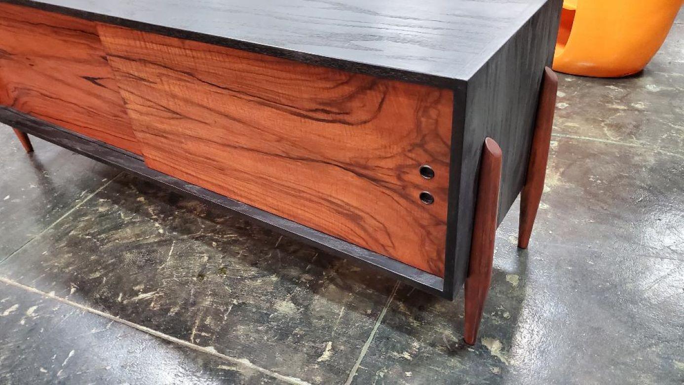 Unique Vintage 1960s Rosewood And Black Credenza / Cabinet With Slide Doors For Sale 13
