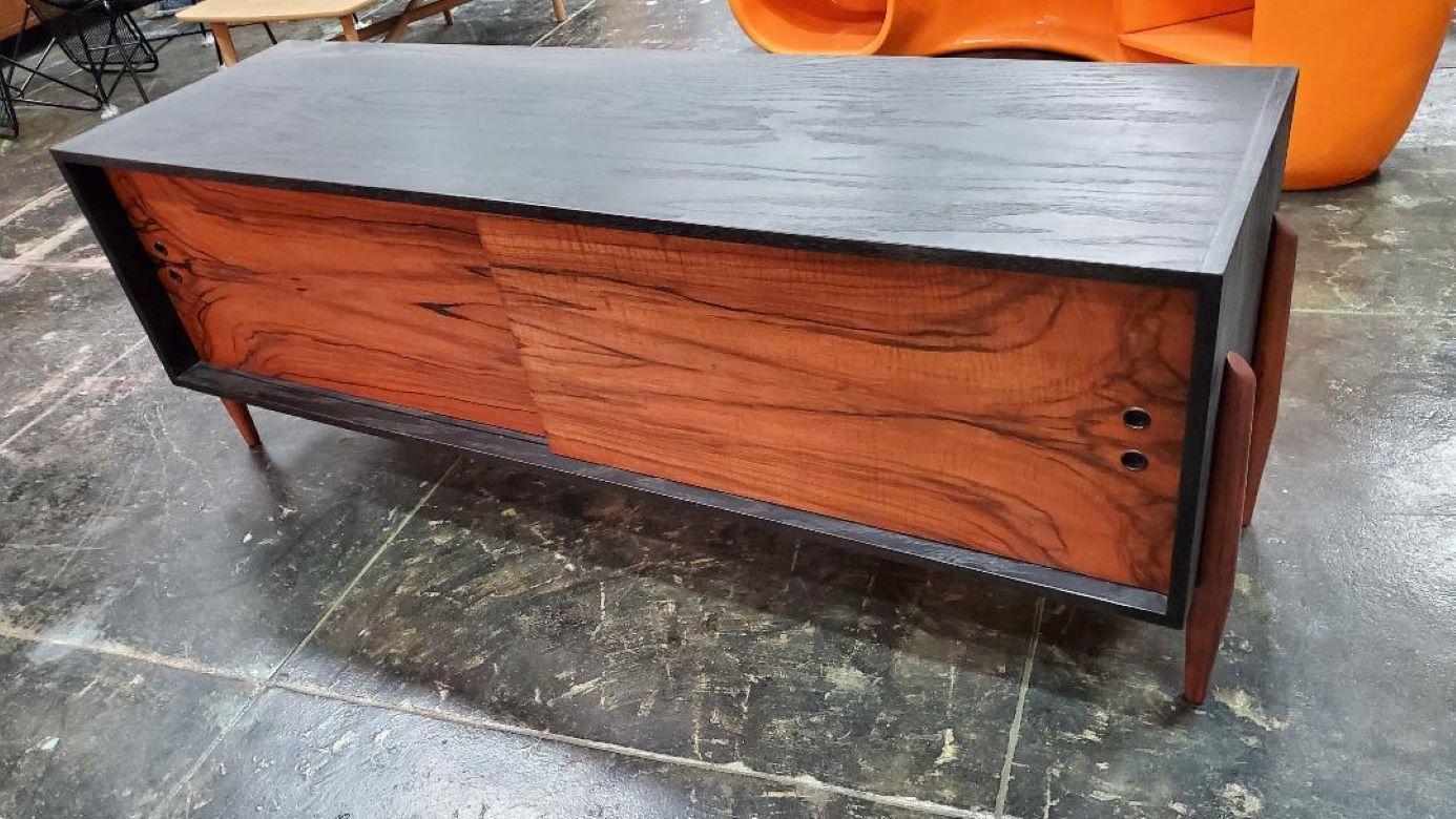 Unique Vintage 1960s Rosewood And Black Credenza / Cabinet With Slide Doors For Sale 14
