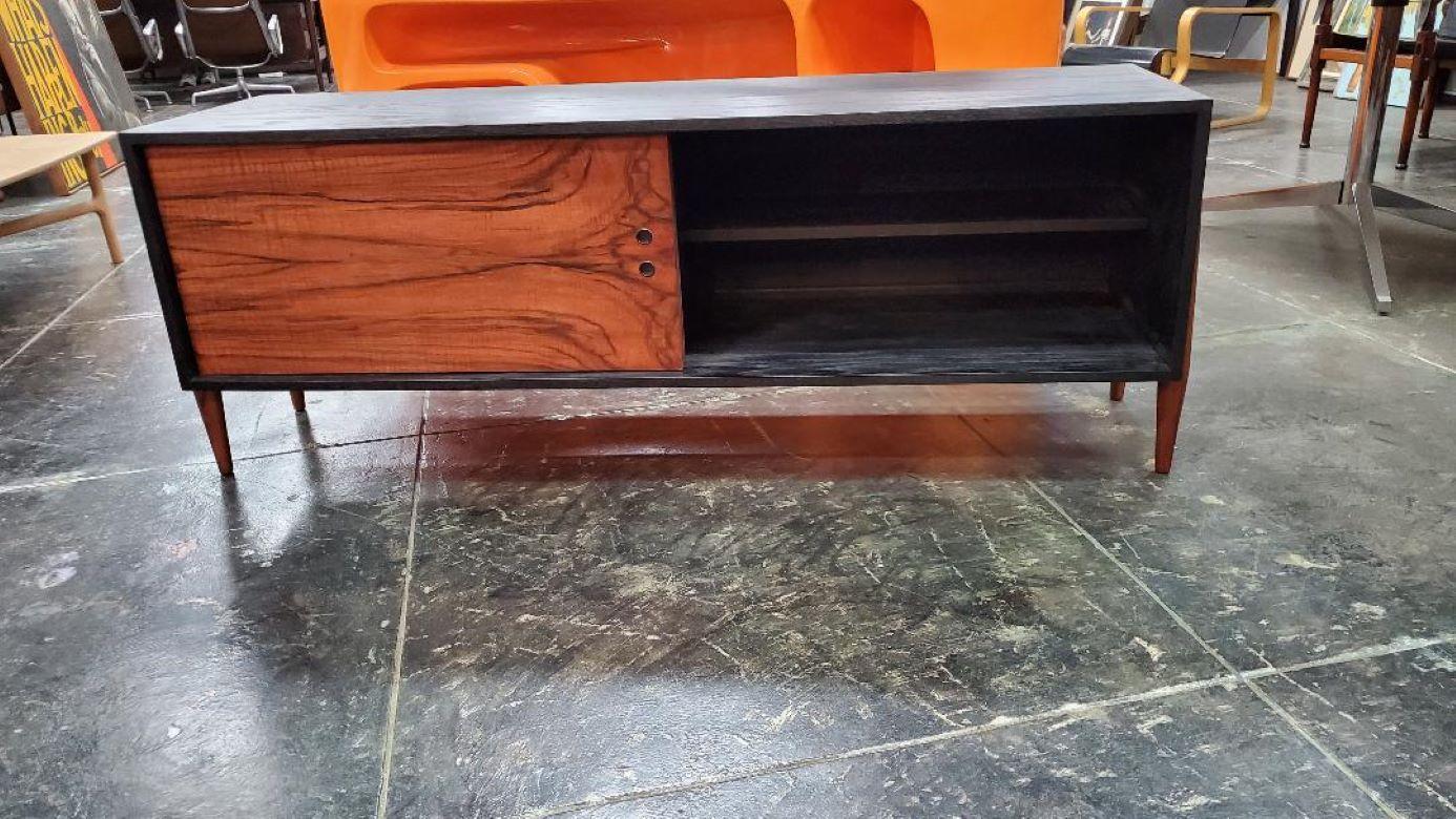 Unique Vintage 1960s Rosewood And Black Credenza / Cabinet With Slide Doors For Sale 1