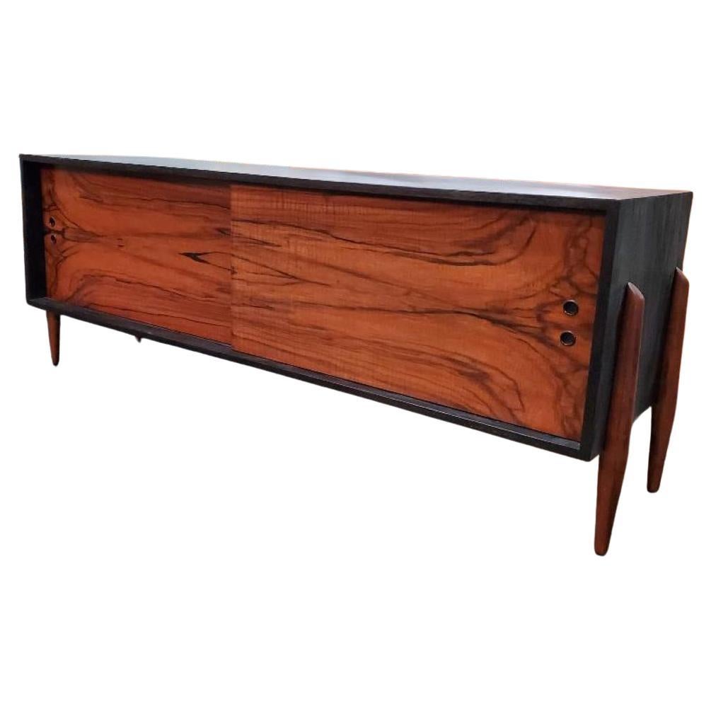 Unique Vintage 1960s Rosewood And Black Credenza / Cabinet With Slide Doors For Sale