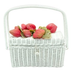 Unique Vintage Bag White Wicker and Strawberries, 50s