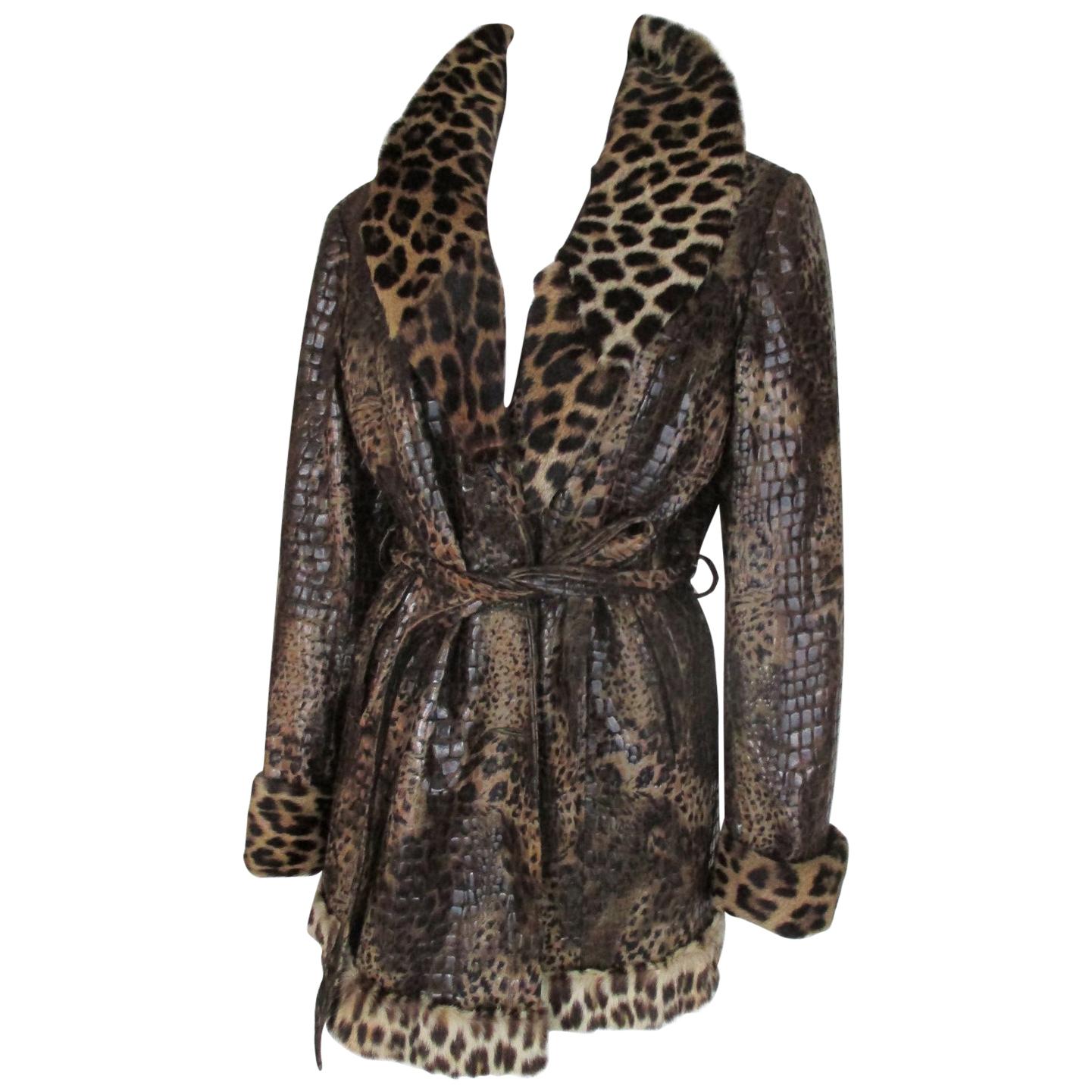 Unique Vintage belted Leopard Printed Fur Jacket For Sale