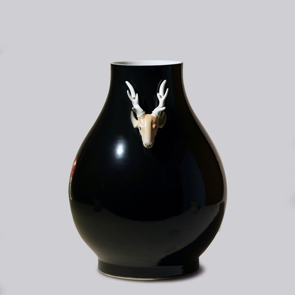 Chinese Unique Vintage Black Porcelain Vase with Sprigged Decoration