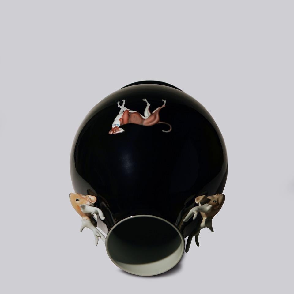 Fired Unique Vintage Black Porcelain Vase with Sprigged Decoration