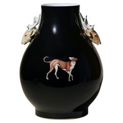 Unique Vintage Black Porcelain Vase with Sprigged Decoration